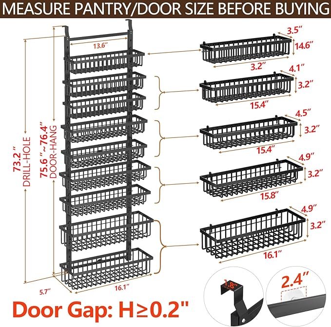 9 Tier Over The Door Pantry Organizer, 2 in 1 Wall Mount or Hanging Spice Rack with Adjustable Basket, Seasoning Organizer and Storage for Kitchen Cabinet Closet Bathroom