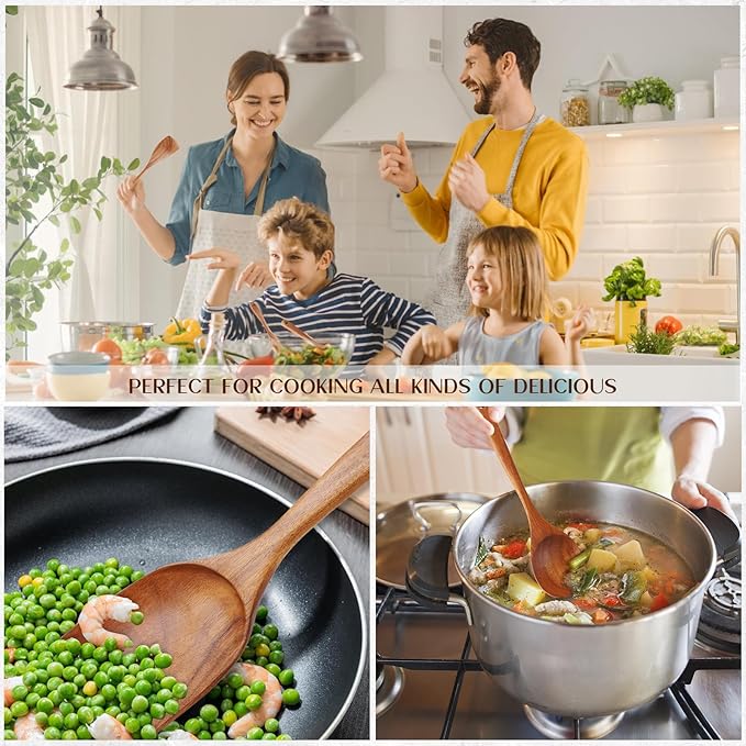 Wood Spoons for Cooking,9 Pcs Natural Teak Wooden Cooking Utensils Set with Holder 竊?Spoon Rest, Soft Comfort-Grip Wooden Kitchen Utensil Set for Non-Stick Cookware