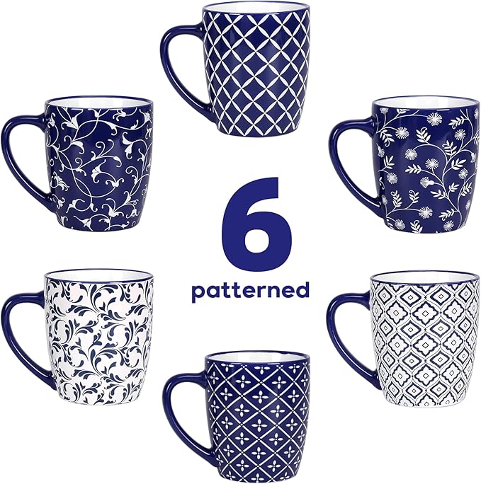 Schliersee 18 OZ Large Coffee Mugs Set of 6, Ceramic Mug for Man Woman, Blue White Geometric Floral Porcelain Cup for Latte, Tea, Cappuccino, Mocha, Cocoa, Housewarming Wedding Mug Present