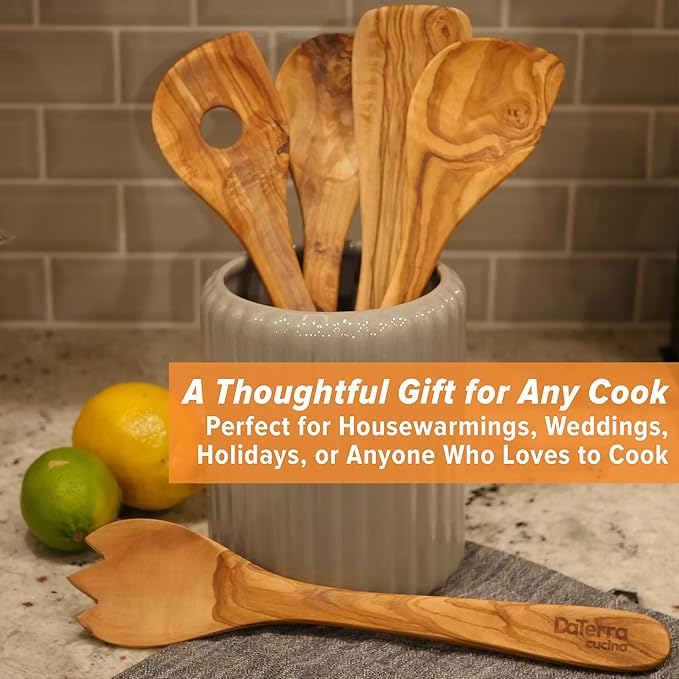 12-Inch Olive Wood Cooking Tools ??5-Piece Wooden Kitchen Utensils Set with Spoons, Spatulas & Cooking Tools ??Wood Kitchen Utensils Set for Cooking ??Crafted Wood Essentials by DaTerra Cucina