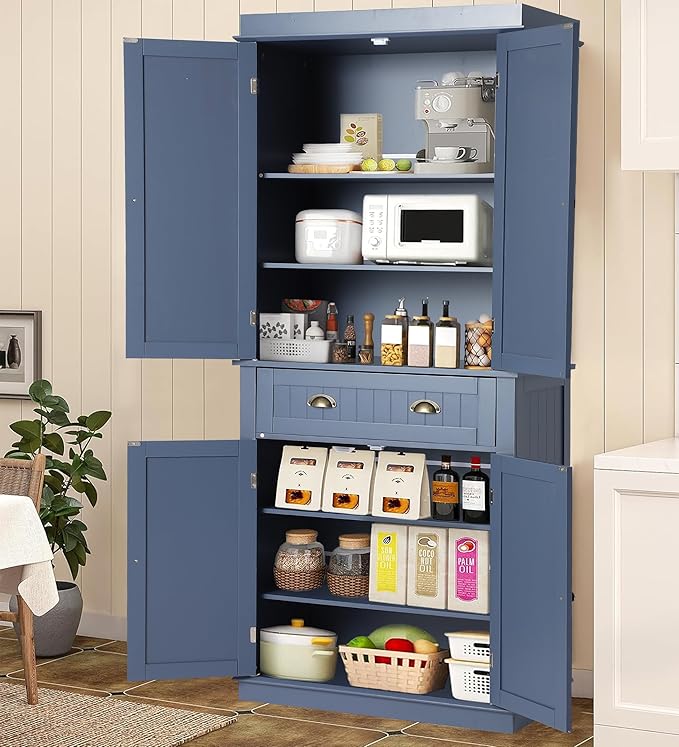 KIGOTY 72" Tall Kitchen Pantry Cabinet with Drawer and 4 Adjustable Shelves, Freestanding Pantry Storage Cabinets, Wood Cupboard Pantry Cabinet for Kitchen, Dining Room, Living Room, Greyish Blue