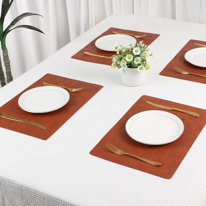 DRMHM Set of 6 Faux Leather Flower Placemats for Kitchen Dining Table Decor, Washable Table Placemats Wipeable Table Mat 18 * 12in Brown