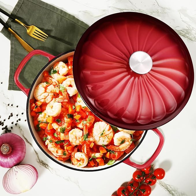 Enameled Cast Iron Dutch Oven with Lid, 6 QT Dutch Oven, Heavy Duty Cast Iron Pot for Sourdough Bread Baking, Braising, Cook, Bake, Oven Safe across All Cooktops (Red,6 QT)