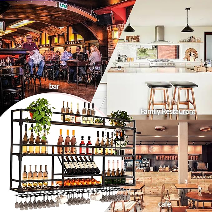 Wall Mounted Wine Rack, Floating Industrial Liquor Glass Holder 3 Tiers, Large Metal Wine Bottle Display Rack Hanging Shelf, for Home Bar Dining Room Decorative (Black-B, 39.37x35.43x9.84in)