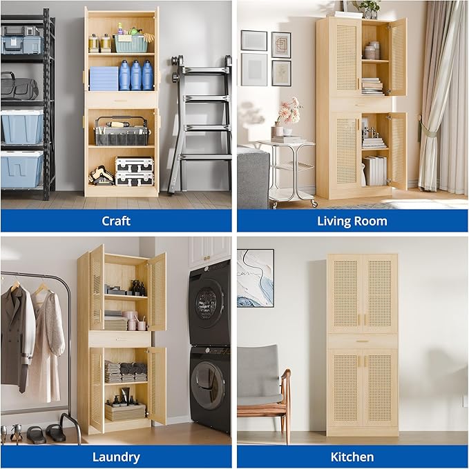 Cozy Castle Kitchen Pantry Cabinet, 71" Tall Rattan Doors Storage Cabinet with Large Drawer and Adjustable Shelves, Freestanding Rattan Pantry Cabinets for Kitchen, Dining Room, Living Room, Oak