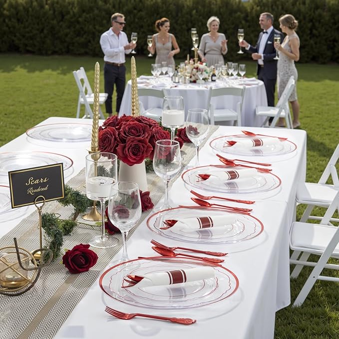 WDF 12 Inch Red Charger Plates - Charger Plates Bulk - 25Pack Plastic Clear and Red Charge Plate Perfect for Wedding/Party/Valentine's Day