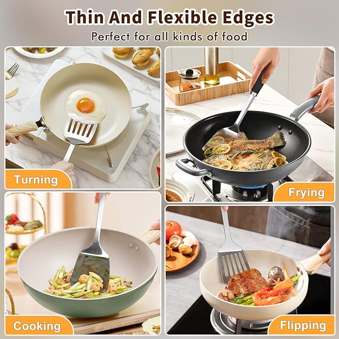 Stainless Steel Spatula, Metal Spatula Slotted Turner, Heavy Duty Sturdy Spatulas for Kitchen Use, High Heat Resistant Cooking Utensils for Fish Eggs Pancakes, Dishwasher Safe, Easy to Clean, Silver