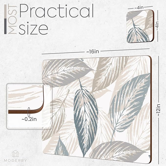Moderry Set of 4 Heat Resistant Cork Placemats for Dining Table with Free Set of 4 Matching Drink Coasters Marble Design 16 x 12 Inches Cork Backed Hard Placemats (Farmhouse Rustic Leaves)
