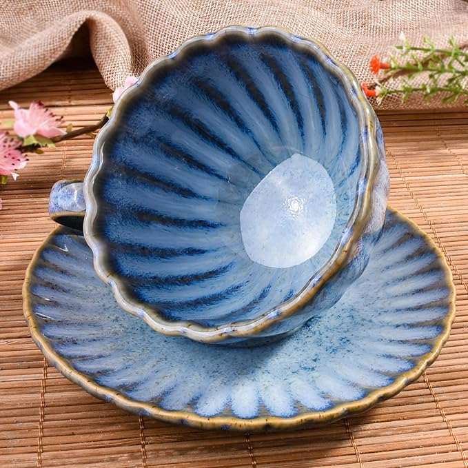 Ceramic Floral Coffee Mug with Saucer Set and Spoon - Vintage Glazed Tea Cup & Coaster for Cafe/Home/Office Blue