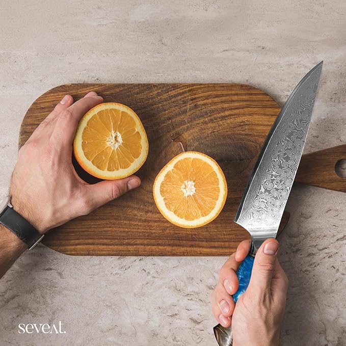 Damascus Kitchen Knife, 67-Layer Damascus Steel, 13??Professional Chef Knife for Kitchen, Ergonomic Wood & Resin Handle in Gift Box, Ideal for Gifting (Blue, 1 piece)