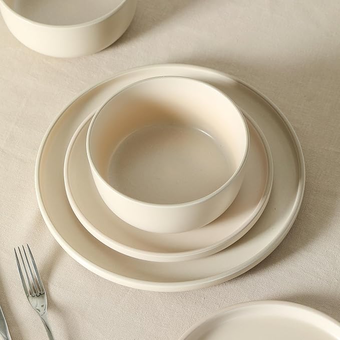 Earth & Clay Amber 12-Piece Dinnerware Set Stoneware, Dishwasher and Microwave Safe Plates and Bowls Set, Dish Set for 4, Beige