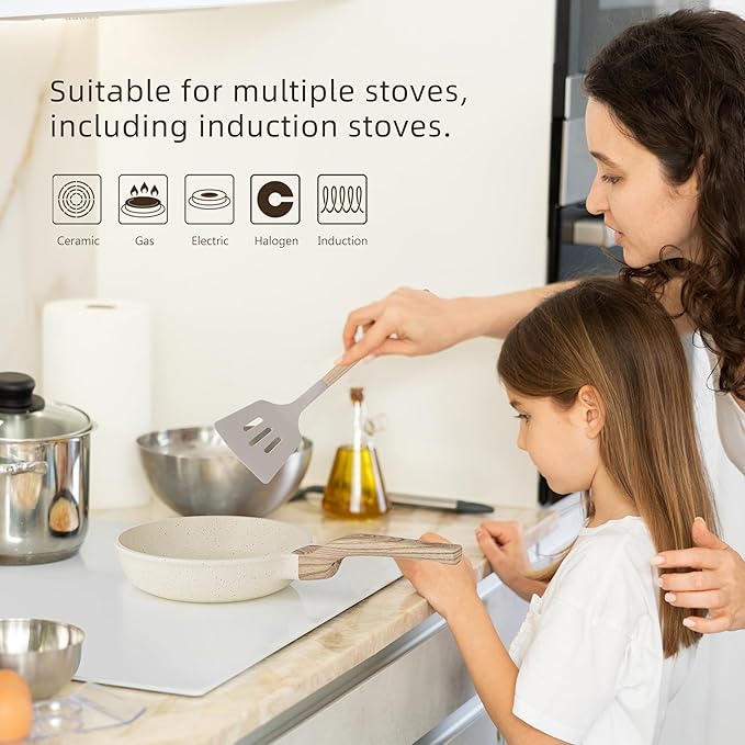 Kitchen Cookware Sets, 21 Pcs Pots and Pans Set Non Stick, Granite Induction Cookware With Steamer Basket, Nonstick Cooking Pot and Pan Set, 4-Cup Egg Pan Set, PFOS PFOA Free, Cream White