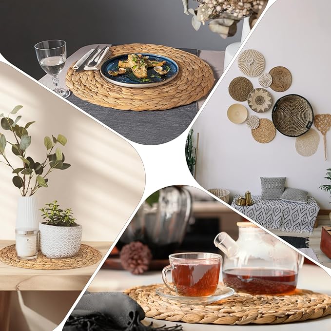 Hardcometrue Woven Placemats Set of 8, 13.8" Natural Corn Husk Round Rattan Placemats with Wooden Beads Napkin Rings for Kitchen Dining Table Decor