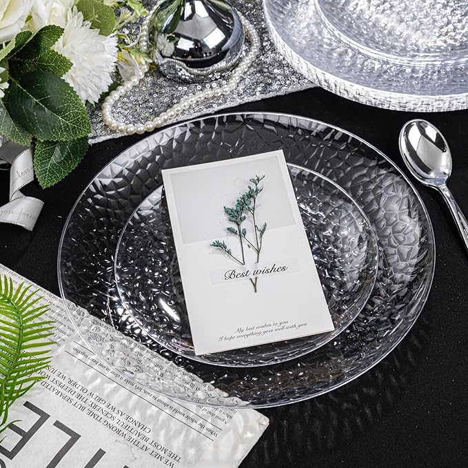 Rubtlamp 100Pcs Clear Plastic Plates, Heavy-Duty Party Plates, clear hammered plastic plates Include 50 Clear Dessert/Salad Platos, 50 Dinner Platos for Party