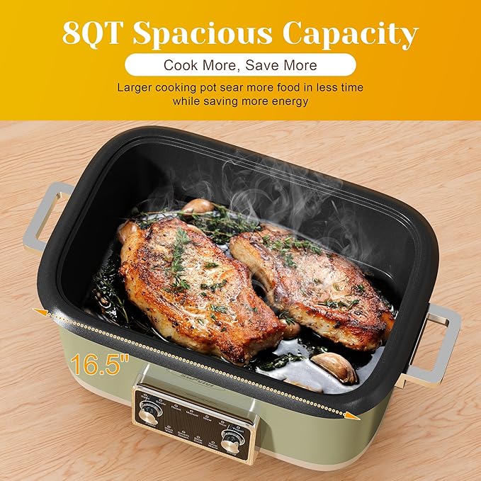 Sunvivi 8 Quart Slow Cooker Roaster Oven, 12 in 1 Programmable Multi-Cooker Food Warmer with Digital Timer, Temp Control, Removable Cast Aluminum Pot & Dishwasher-Safe Tempered Glass Lid, Green