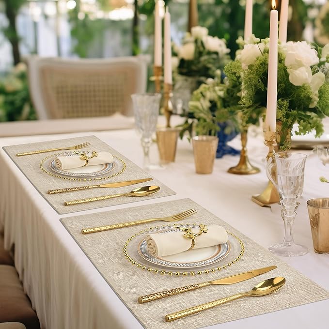 SLKQG Beige Linen-Look Fabric Placemats Set of 4, Heat Resistant & Machine Washable Double-Layered Cloth Placemats for Dining Table, Indoor/Outdoor Use, Non-Slip Kitchen Table Mats (4, Beige Cream)