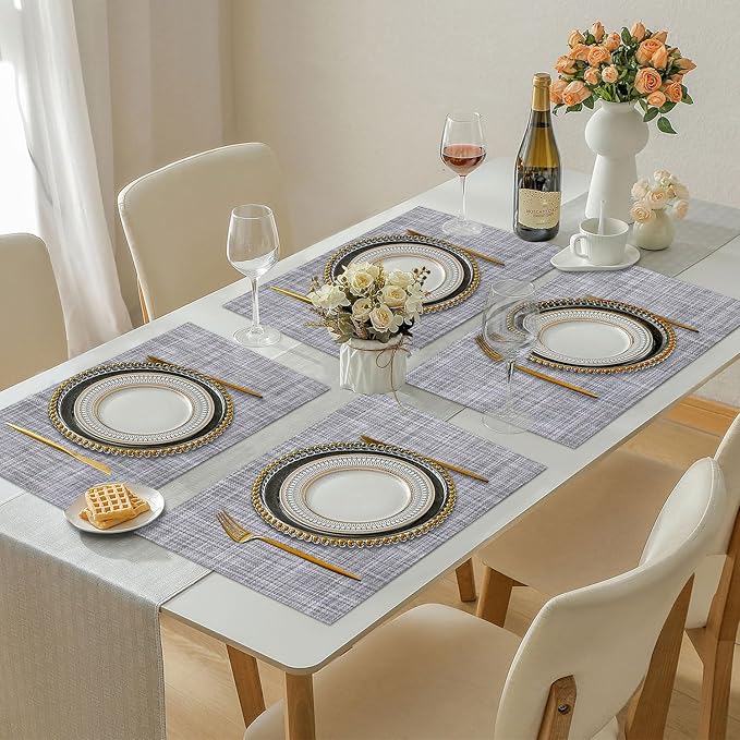 LANDVIEW Vinyl Placemats Set of 6, PVC Woven Washable Non-Slip Table Mats, Heat Resistant Wrinkle Free Place Mats for Dining Table, Easy to Clean (6, Light Grey)