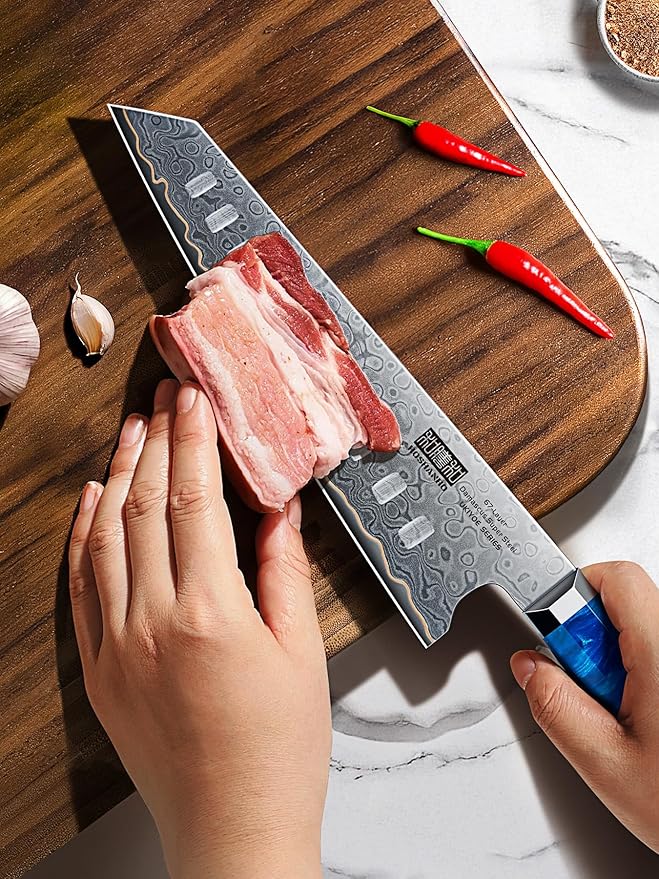 HOSHANHO Damascus Santoku Knife 7 Inch, 67-Layer Damascus Steel Chef Knife, Ultra Sharp Professional Kitchen Knives with Ergonomic Blue Resin Stabilized Wood Handle and Wood Gift Box