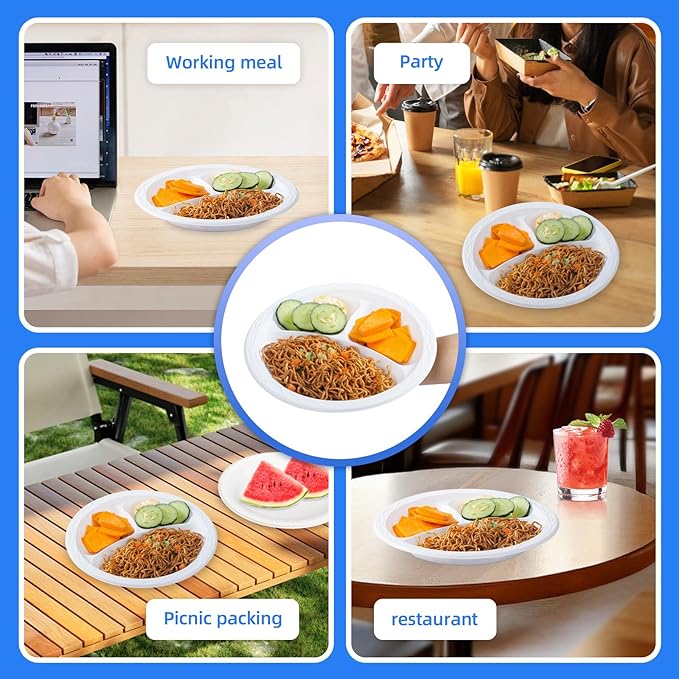 YANGRUI Party Plates Mineral Filled PP 10" 150 Pack - Shrink Wrap Commercial White BPA Free Plastic Plate | Reusable & Disposable Dishwasher & Microwave Safe | Heavy Duty 3 Compartment Dinner Trays