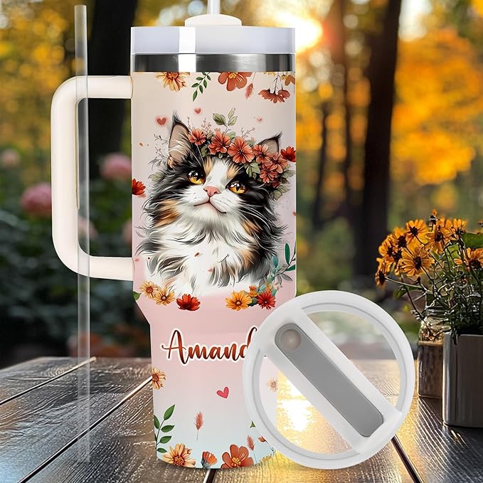 AGGLOMEKC Personalized Cute Cat Cup - Mother's Day Birthday Gift For Animal Lovers - Just A Girl Who Loves Cats Tumbler 40oz With Custom Name - Pet Lover Gifts For Women, Her