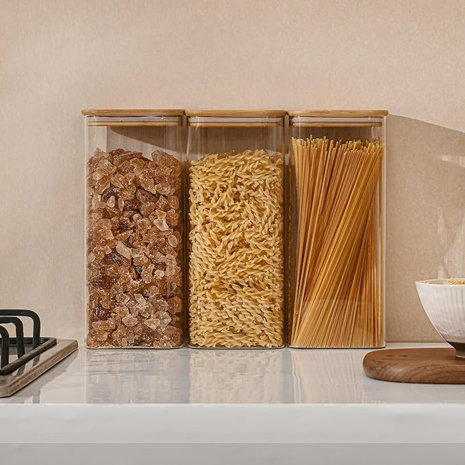 71oz Rectangle Airtight Glass Storage Containers with Bamboo Lids (Set of 4), Square Food Storage Jar, Pantry Organizers for Sugar, Flour, Spaghetti and Coffee beans (?럚ith Black Lable)