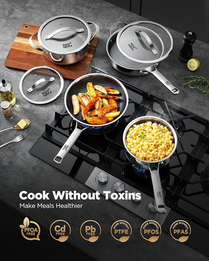 Saute Pan with Lid, Hybrid Ceramic Nonstick 12 Inch 5-Quart Tri-Ply Stainless Steel Skillet, PFAS/PFOA/PTFE Free, Metal Utensil Safe, Dishwasher & Oven Safe, Induction Compatible