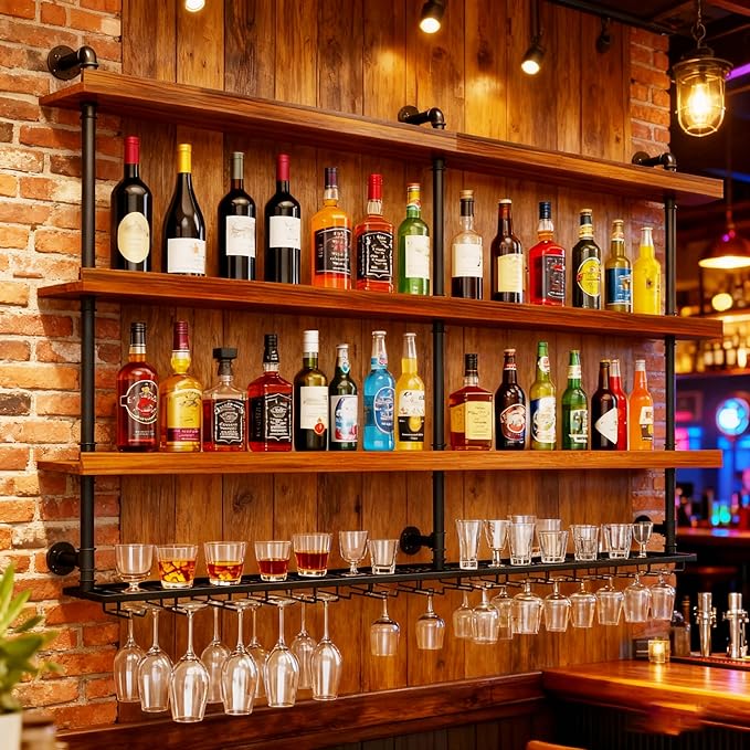 Wall Mounted Wine Rack with LED Light, 4 Tiers Large Wine Rack with Wine Glass Holder. lron & Wood Liquor Bottles Floating Shelves Display Storage for Bar, Kitchen, Cafe (Walnut, 100cm/39.3in)