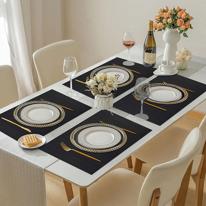 LANDVIEW Vinyl Placemats Set of 4, PVC Woven Washable Non-Slip Table Mats, Heat Resistant Wrinkle Free Place Mats for Dining Table, Easy to Clean (4, Black)