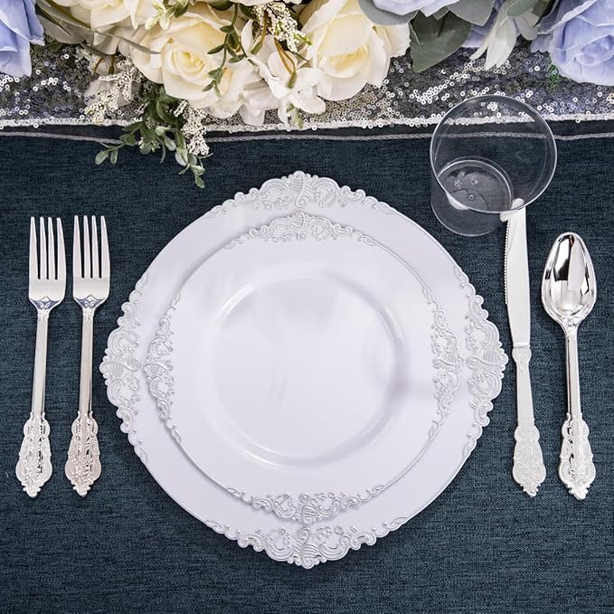 Hioasis 100pcs White Silver Plastic Plates for Party - 7.5" Dinner Plates Disposable, Heavy -duty, Classy and Elegant for New Year