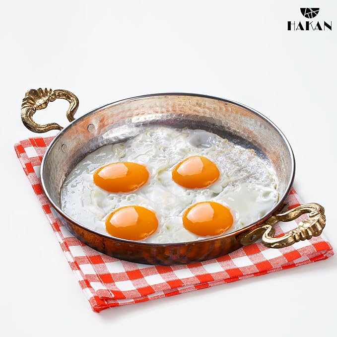 Hakan Copper Egg Pan for Cooking | Handmade Large Frying Pan | Hammered Skillet with Double Handles for Omelette | Authentic Kitchen Cookware & Copper Gifts Idea, 8.7??(22 cm)