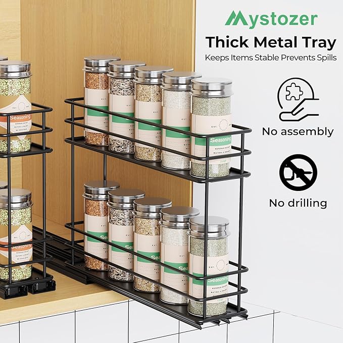 Pull Out Spice Rack Organizer for Cabinet, Slide Out Spice Racks, Easy to Install Spice Cabinet Organizers, 5.2" Wx10.43 Dx8.26 H, 2 Packs 2 Tiers(Black)