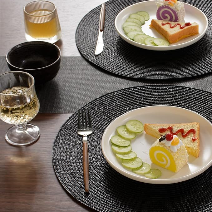 FunWheat Round Braided Placemats Set of 4 Table Mats for Dining Tables Woven Washable Non-Slip Place mats 15inch (Black, 4pcs)