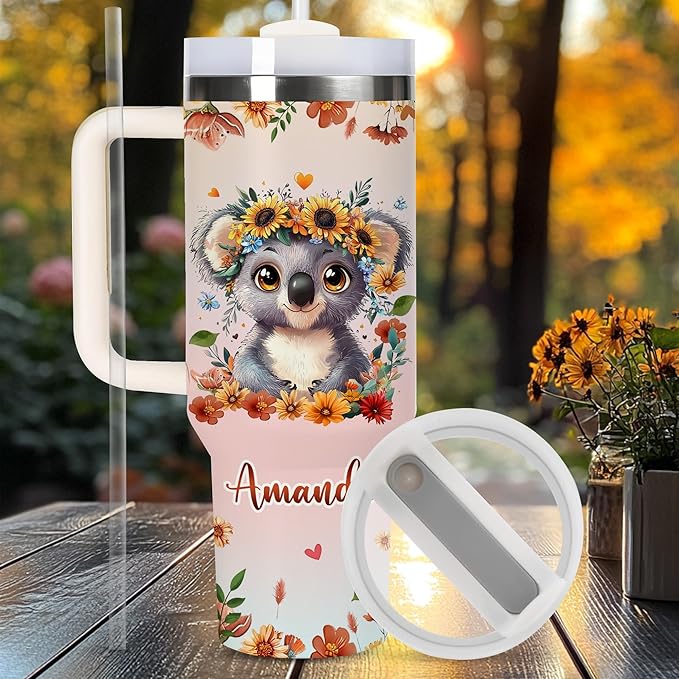 AGGLOMEKC Personalized Cute Koala Cup - Mother's Day Birthday Gift For Animal Lovers - Just A Girl Who Loves Koala Tumbler 40oz With Custom Name - Pet Lover Gifts For Women, Her