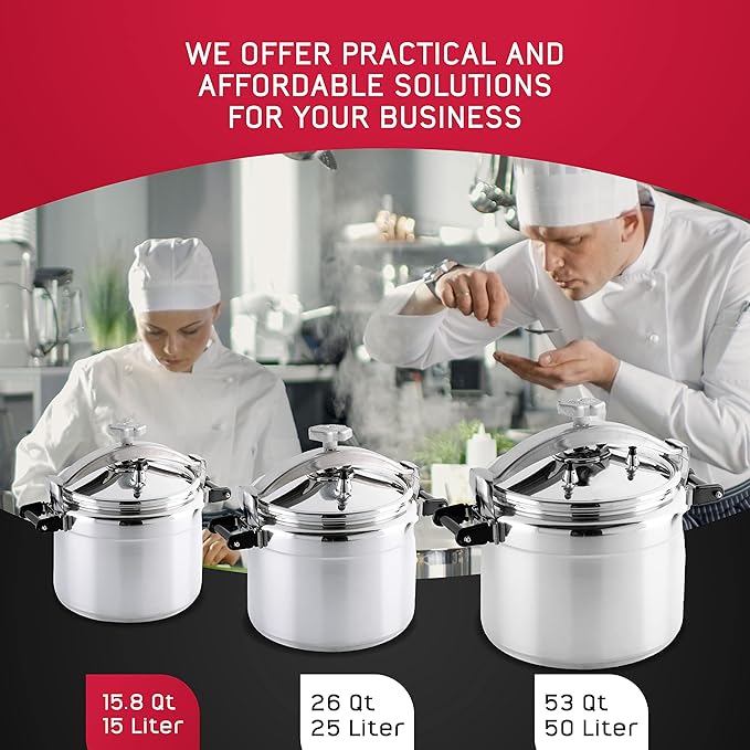 Universal (Large) 15.8-Quart Aluminum Pressure Cooker for Professional Use ??Commercial-Grade, 1 Safety Valve, Reinforced Handles, Easy-Open Lid, ??Ideal for Large Kitchens, and Restaurants
