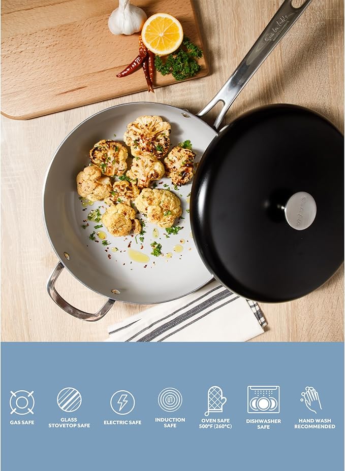 Sur La Table Kitchen Essentials Potluck Porch 4.5 Quart Saut챕 Pan, Deep Frying Pan Skillet w/Lid Aluminum PFA Free Ceramic Cookware Chef's Pan, Omelet Pan - Induction - Black