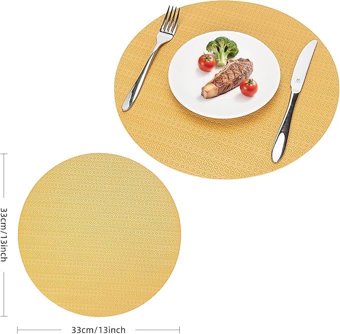 PROMATTOO Round Faux Leather Placemats Set of 4 ??13 Inch Vinyl Table Mats, Heat Resistant, Non Slip, Wipeable & Washable, Easy to Clean Dining Table Decor for Kitchen & Dining Room ??Golden Yellow