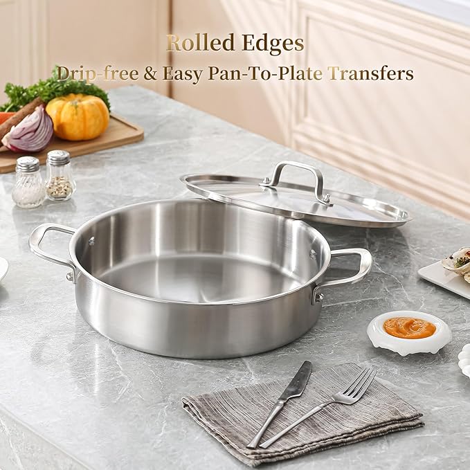 DELARLO Tri-Ply Stainless Steel 7 Quart Braiser Pan with Lid Induction Rondeau Pot With Lid 12inch Deep Frying Pan Large Saute Pan Heavy Duty Style Compatible With All Cooktops Up to 650℉