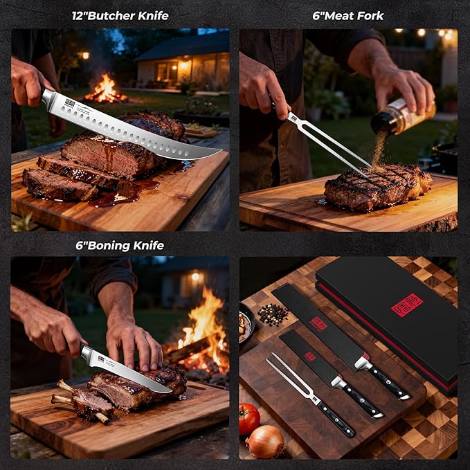 SHAN ZU 3Pcs Carving Knife Set with Sheath ??for Turkey, Meat, BBQ, Brisket, Razor Sharp Slicing Knife, Professional 5Cr15MoV Stainless Steel, Ergonomic Full Tang Wood Handle, Gift Box Included