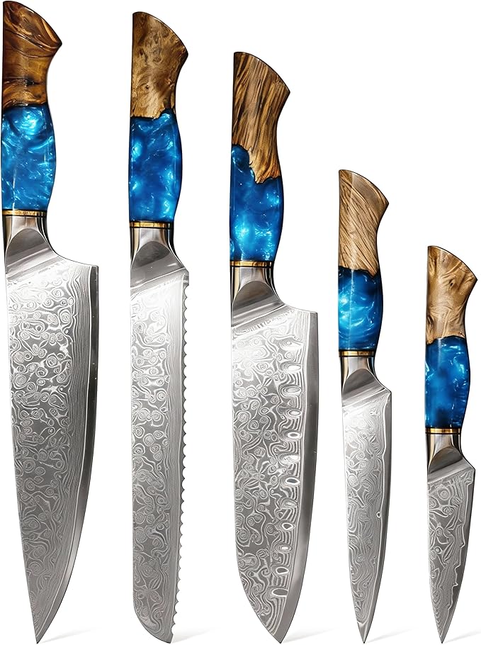 Damascus Kitchen Knife Set, 67-Layer Damascus Steel, 5-Piece Professional Chef's Japanese Knife Set for Kitchen, Ergonomic Wood & Resin Handle in Gift Box, Ideal for Gifting (Blue, 5 pieces)