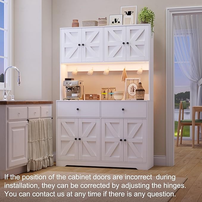 71" Tall Kitchen Pantry Storage Cabinet with Charging Station, 47.2" Wide Kitchen Hutch Cabinet with Large Countertop, Farmhouse Food Pantry with Drawers for Living Room, White
