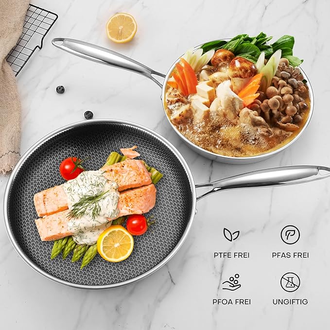 Lazycorner Non Stick Frying Pans Skillet with Lid, 8 Inch Stainless Steel Kitchen Cookware Pot, Non toxic Healthy Induction Compatible PFAS PTFE PFOA PFOS FreeCompatible PFAS PTFE PFOA PFOS Free
