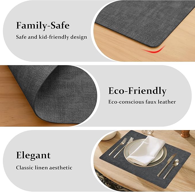 FROMHEART Faux Leather Placemats Set of 6?밯aterproof,Heat/Oil Stain-Resistant PU Table Mat?밨eversible,Non-Slip,Easy to Clean Place Mats for Kitchen,Dining,Indoor/Outdoor,(Dark Grey,11.8" x 17")