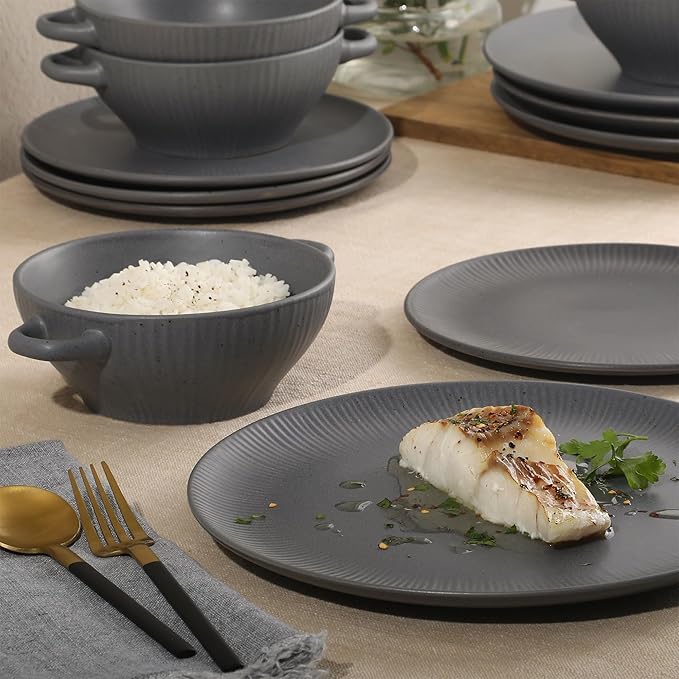 Gibson Elite Clover Hill 12-Piece Stoneware Dinnerware Set ??Dark Blue Embossed Plates and Bowls with Matte Speckled Reactive Glaze, Service for 4 ??Microwave & Dishwasher Safe