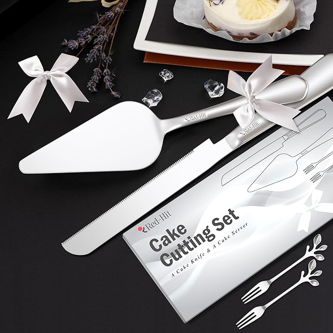 Elegant Silver Cake Knife and Server Set, Extra Thick Stainless Steel Cake Cutter and Cake Server with Bonus Forks & White Bows, Cake Cutting Set for Wedding, Birthday and Christmas Celebrations