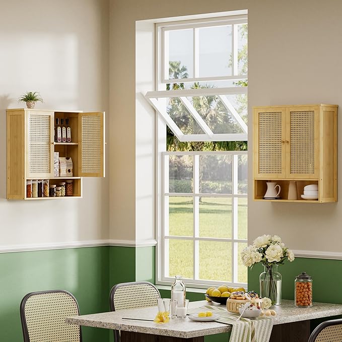 Bathroom Wall Cabinet, Bamboo Over-The-Toilet Storage Organizer with 2 Rattan Doors and Adjustable Shelf, Space Saver Medicine Cabinet for Laundry, Kitchen, Living Room (Natural)