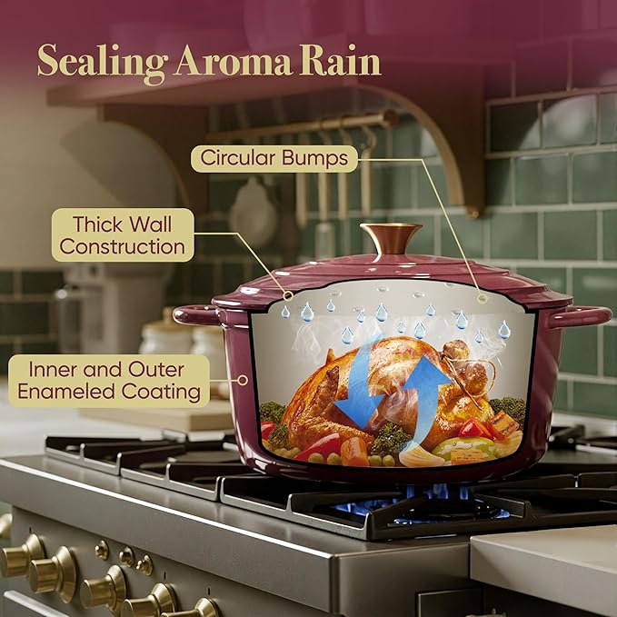 Vintage Style 6 Quart Dutch Oven Pot with Lid, Non Stick Enameled Cast Iron Dutch Oven for Bread Baking, Heavy-Duty, Oven Safe Ceramic Cookware Up to 500째F for Baking, Braising, Stews, Roasting, Rose