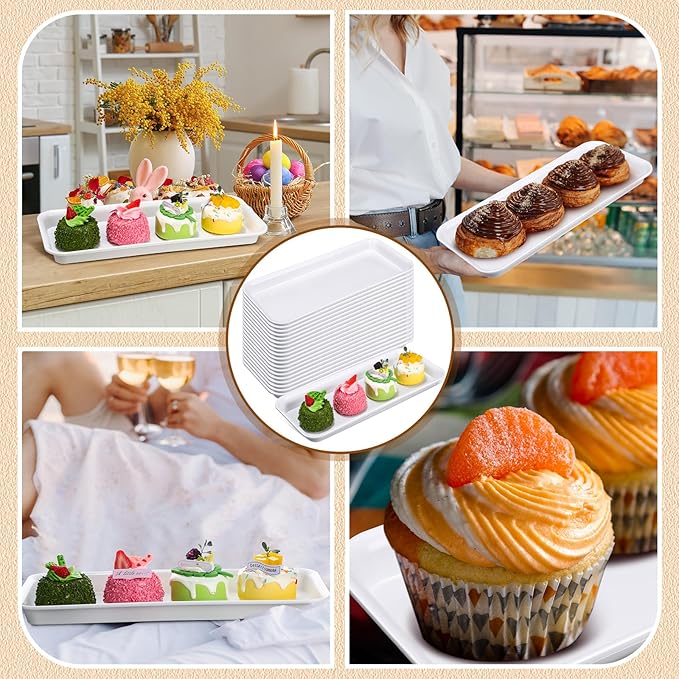 20 Pcs Serving Platters 14 x 6 Inch Rectangle Serving Trays Reusable Food Tray Dishes Dessert Trays Plastic Plates for Wedding Home Table Thanksgiving Christmas Party(White)