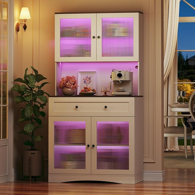 71" Pantry Cabinet with LED Lights and Charging Station, Kitchen Pantry Storage Cabinet with Large Drawer, 4 Doors and 3 Adjustable Shelves, Kitchen Cabinets with Countertop, Light White