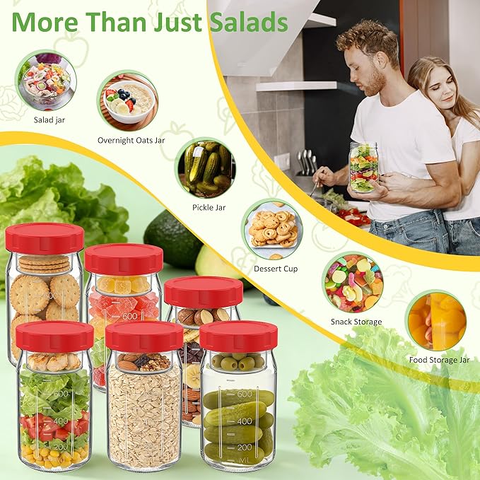 4Pack Glass Salad Jars with Lids, 32oz Salads Mason Jars with Wet/Dry Separation Cup, Meal Prep Salad Containers for Lunch, Leakproof Wide Mouth Food Storage Containers, BPA-Free Reusable (Red)