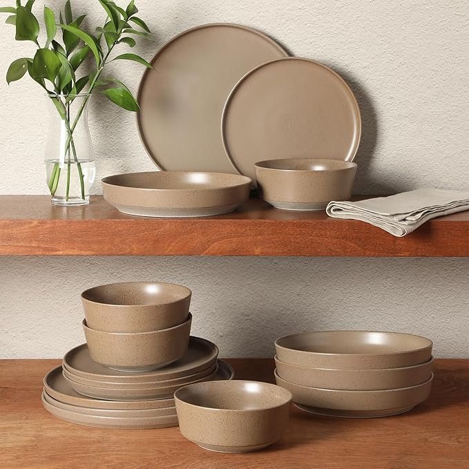 Gibson Elite Overbrook 16-Piece Pottery Clay Stoneware Dinnerware Set ??Terraccotta Brown Reactive Glaze, Stackable Plates and Bowls w/Pasta Bowl, Service for 4 ??Microwave & Dishwasher Safe